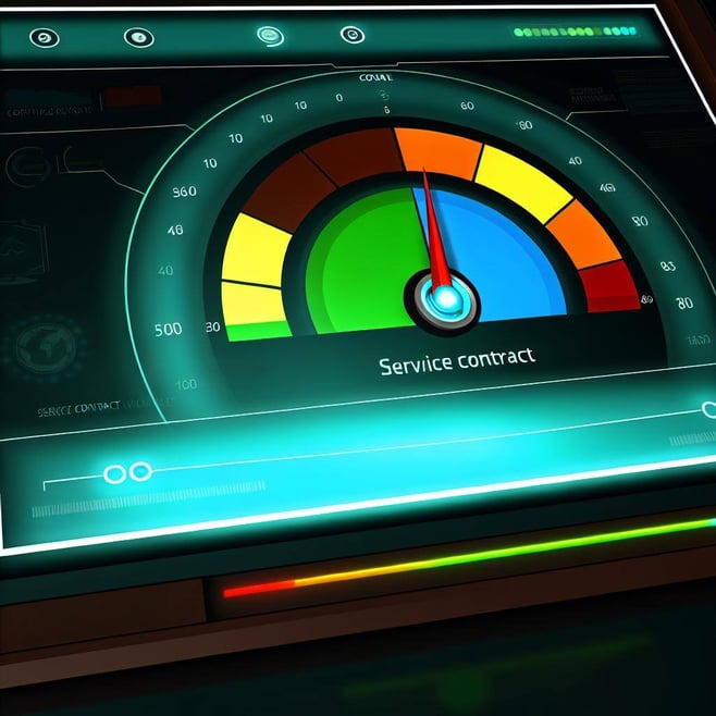 Need a hightech looking executive dashboard with a single gauge that indicates Service Contract, with a pointer pointing toward the green band, which-1
