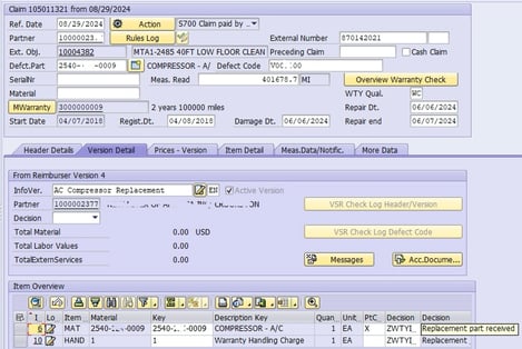 Professional user's SAP GUI - showing key claim data 