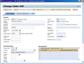 SAP Warranty Change Claim Work Space